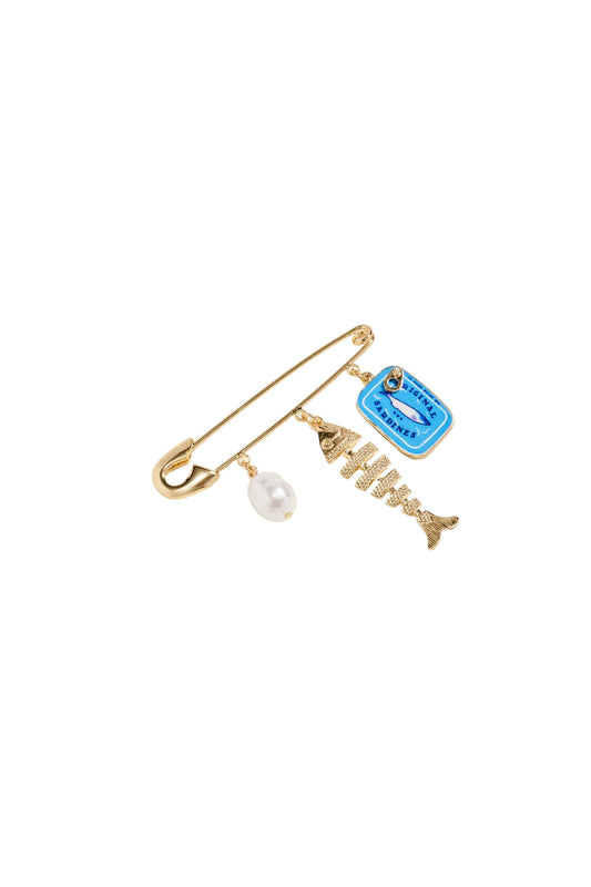 Pearl, Fishbone & Sardine Tin Safety Pin Brooch