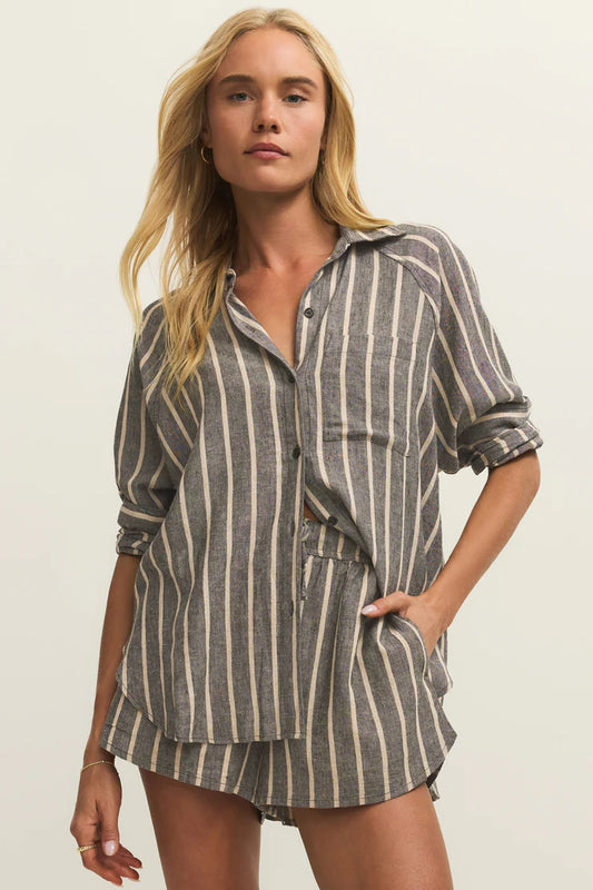 Perfect Linen Striped Top Black