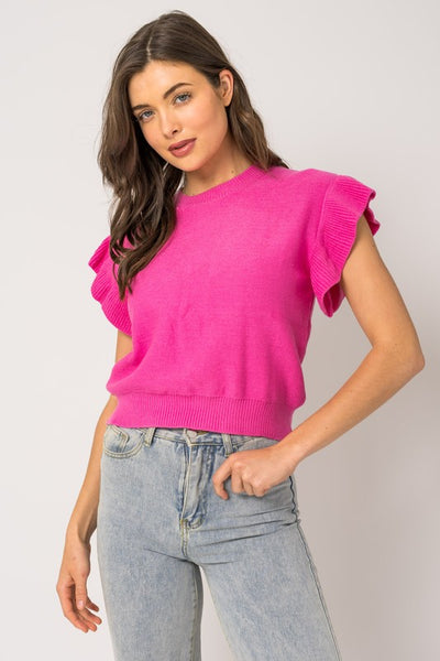 Pink Ruffle Sleeve Knit Top