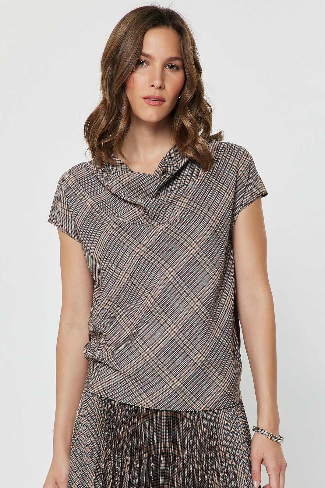 Plaid Cowl Neck Woven Knit Combo Top