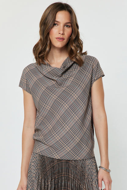 Plaid Cowl Neck Woven Knit Combo Top