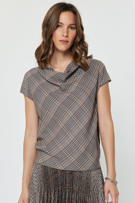 Plaid Cowl Neck Woven Knit Combo Top