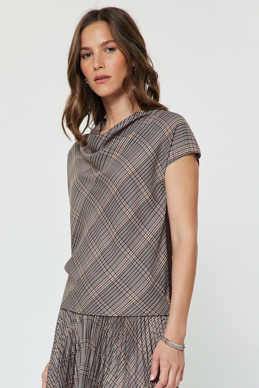 Plaid Cowl Neck Woven Knit Combo Top