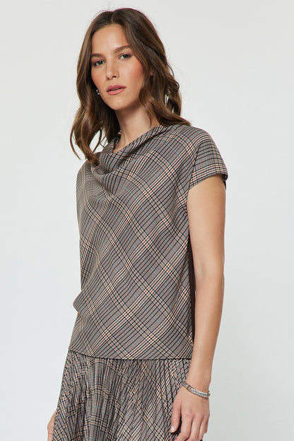 Plaid Cowl Neck Woven Knit Combo Top