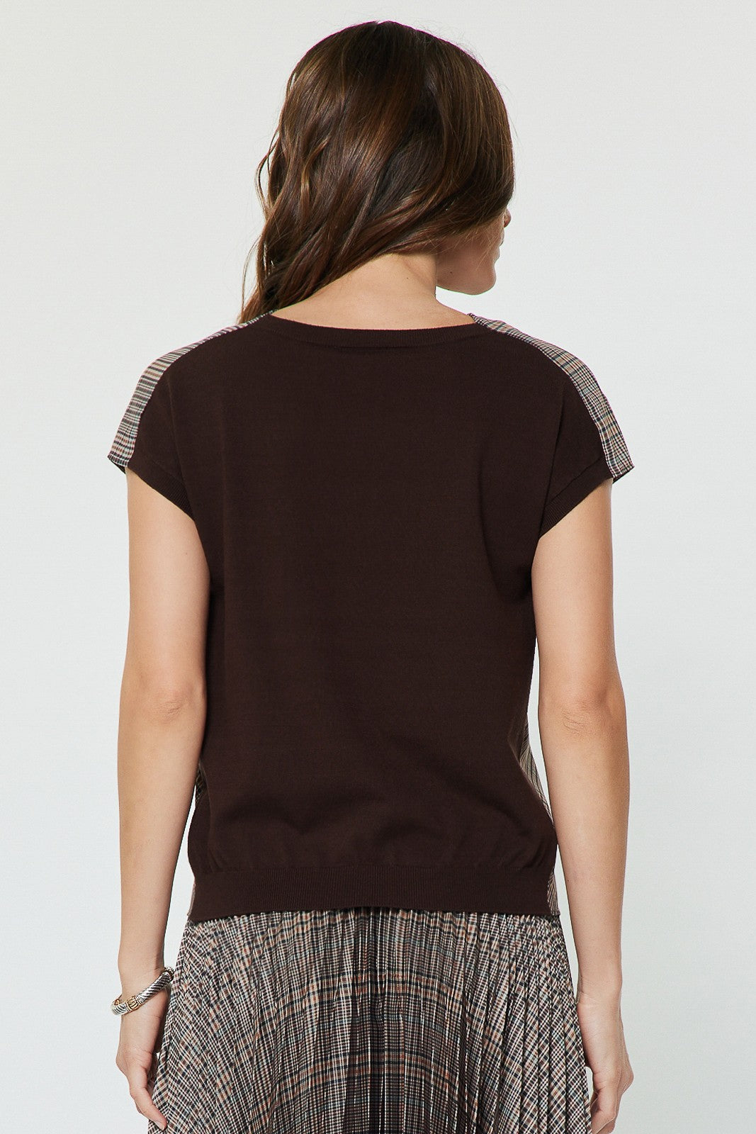 Plaid Cowl Neck Woven Knit Combo Top