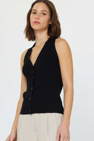 Pleated Button Down Sleeveless Sweater
