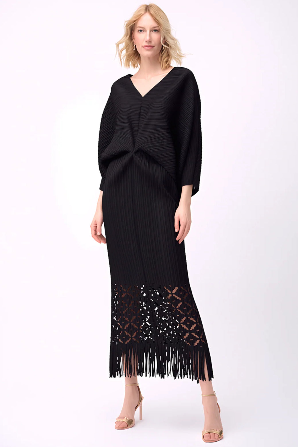 Pleated Cutout Dress with Fringe Black