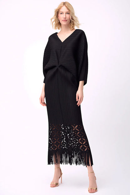 Pleated Cutout Dress with Fringe Black