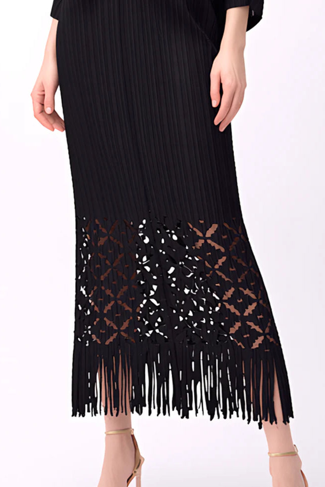 Pleated Cutout Dress with Fringe Black
