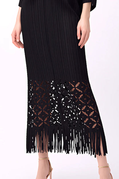 Pleated Cutout Dress with Fringe Black