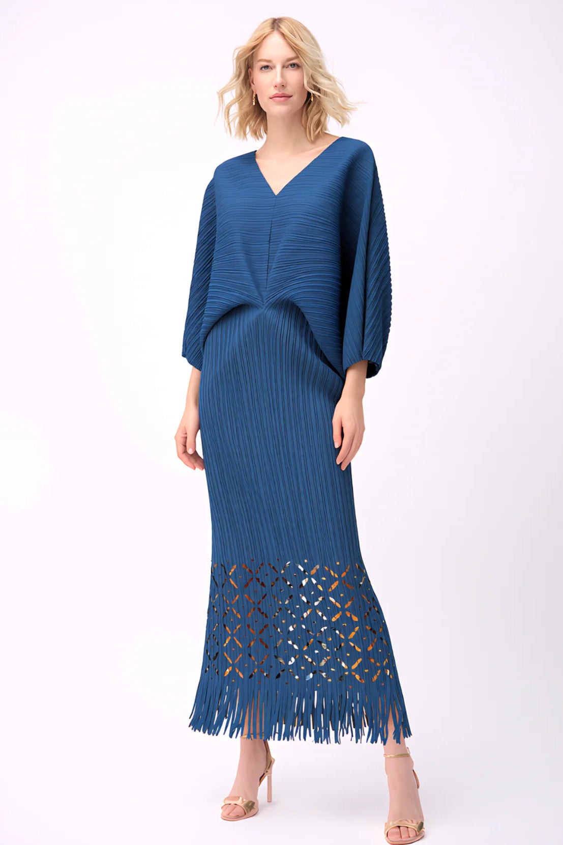 Pleated Cutout Dress with Fringe Teal