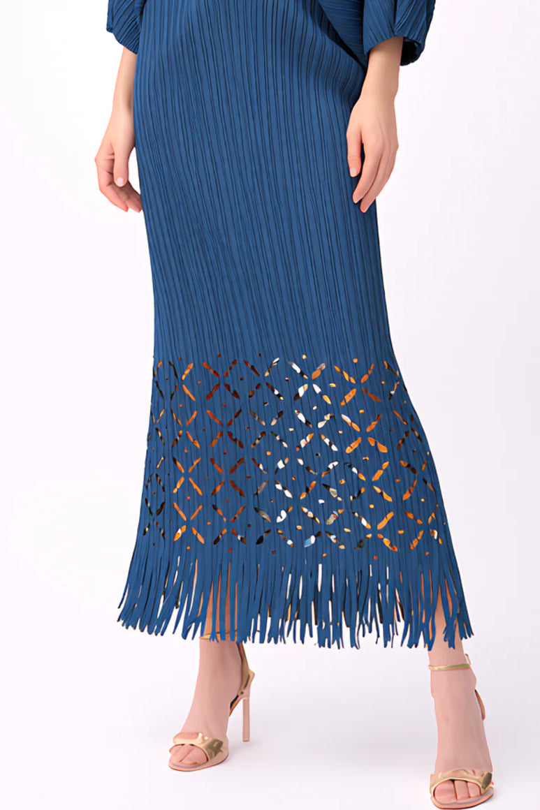 Pleated Cutout Dress with Fringe Teal
