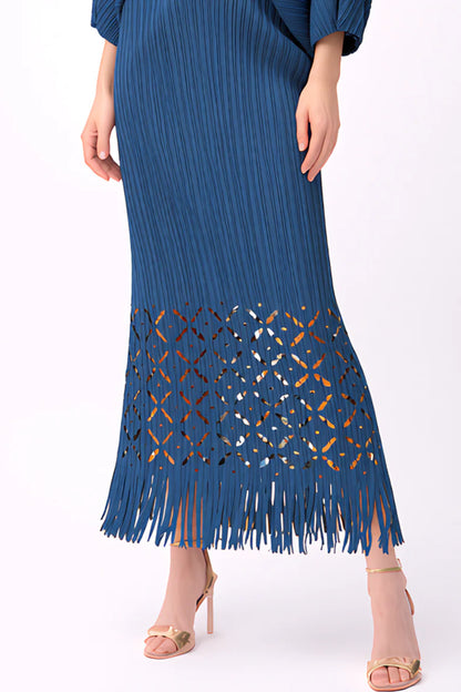 Pleated Cutout Dress with Fringe Teal