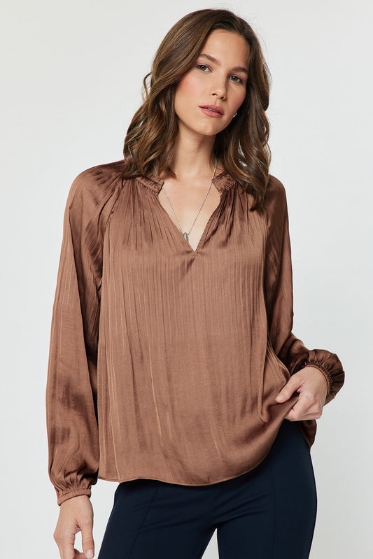 Pleated Long Sleeve Blouse Mocha Mousse