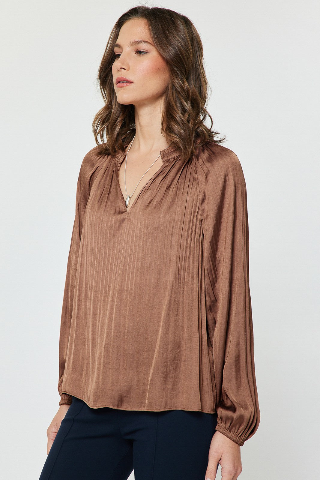 Pleated Long Sleeve Blouse Mocha Mousse