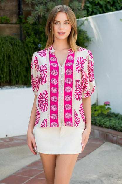 Puff Sleeve Abstract Coral Print Top