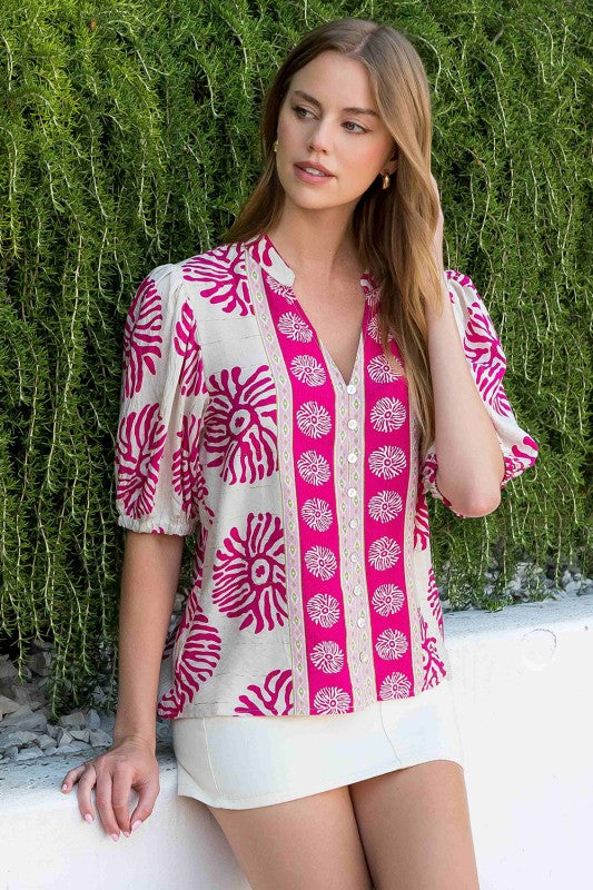 Puff Sleeve Abstract Coral Print Top