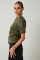 Puff Sleeve Cable Knit Sweater Olive
