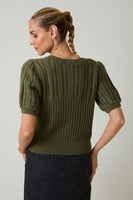 Puff Sleeve Cable Knit Sweater Olive