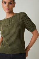 Puff Sleeve Cable Knit Sweater Olive