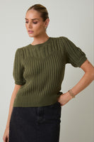 Puff Sleeve Cable Knit Sweater Olive