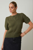 Puff Sleeve Cable Knit Sweater Olive