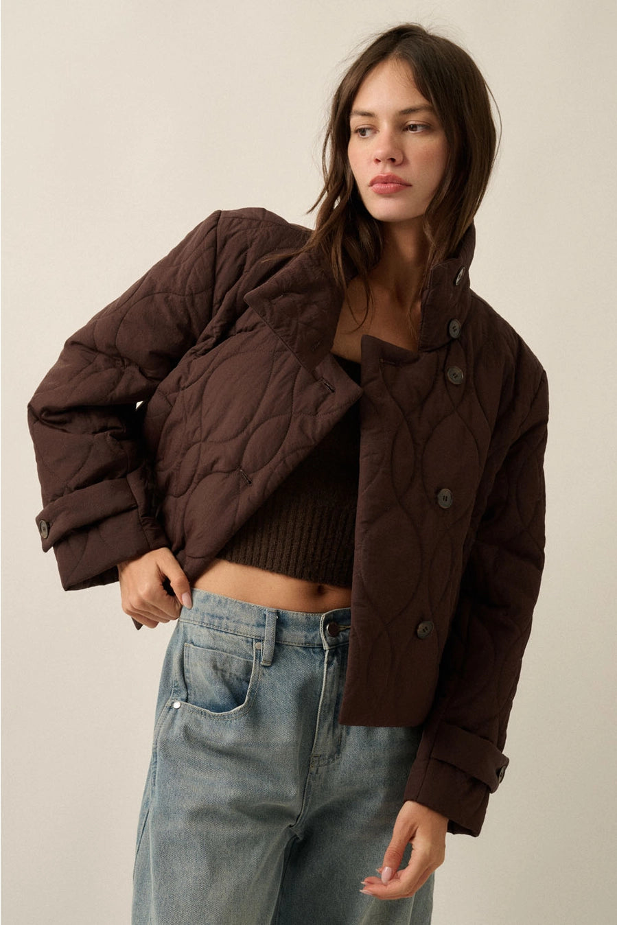 Quilted Funnel Neck Cropped Jacket