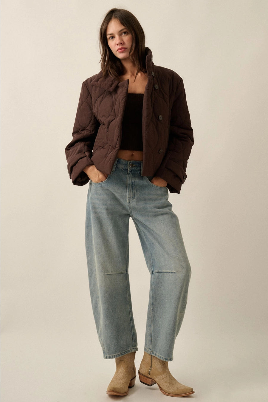 Quilted Funnel Neck Cropped Jacket