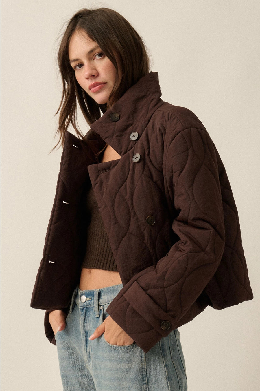 Quilted Funnel Neck Cropped Jacket