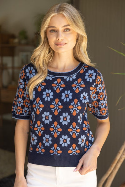 Retro Floral Short Sleeve Sweater