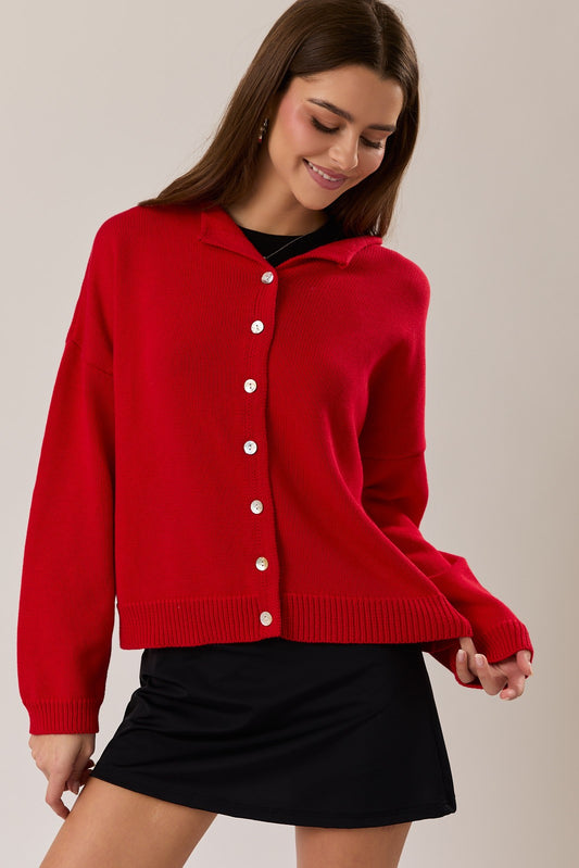 Rolled Neckline Cardigan Red