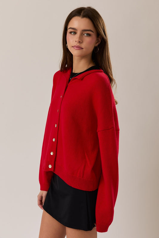 Rolled Neckline Cardigan Red