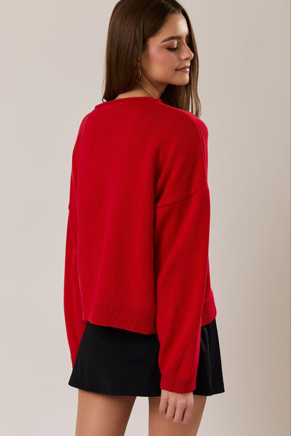 Rolled Neckline Cardigan Red