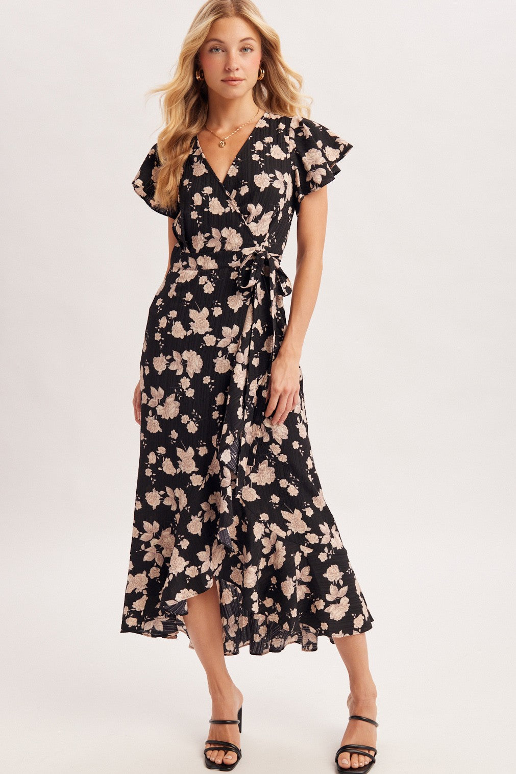 Romantic Floral Ruffle Wrap Midi Dress