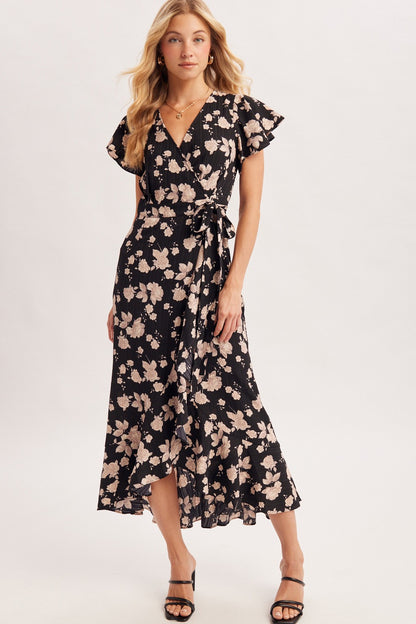 Romantic Floral Ruffle Wrap Midi Dress