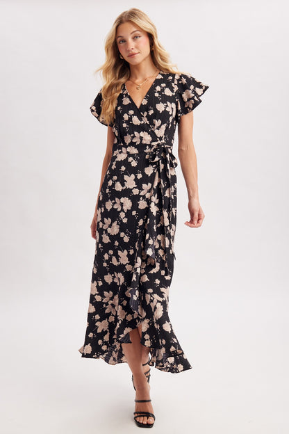 Romantic Floral Ruffle Wrap Midi Dress