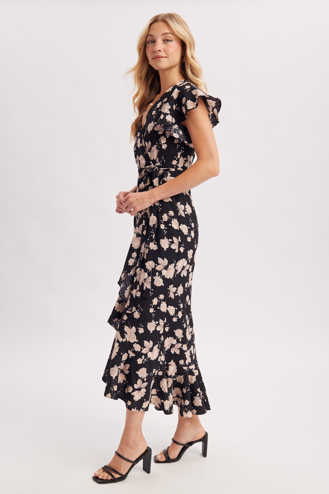 Romantic Floral Ruffle Wrap Midi Dress