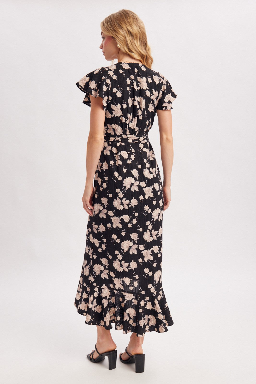 Romantic Floral Ruffle Wrap Midi Dress