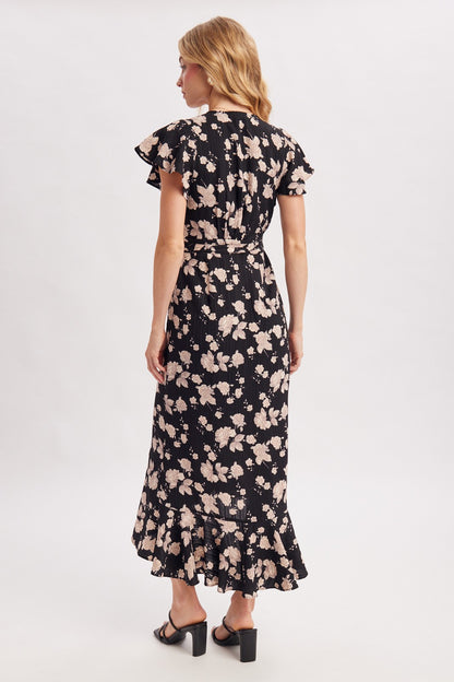 Romantic Floral Ruffle Wrap Midi Dress