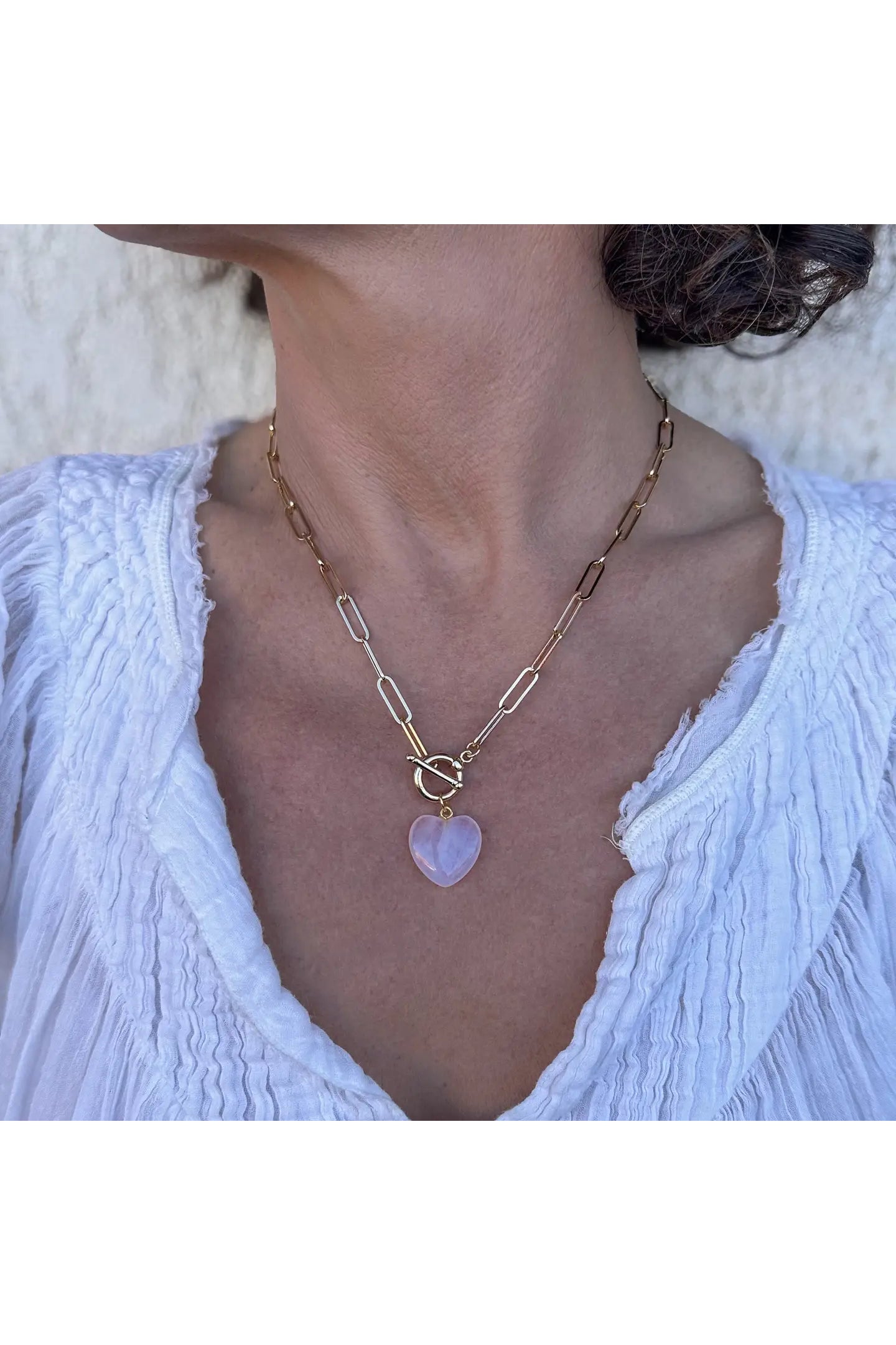 Roxy Toggle Clasp Heart Necklace Rose Quartz