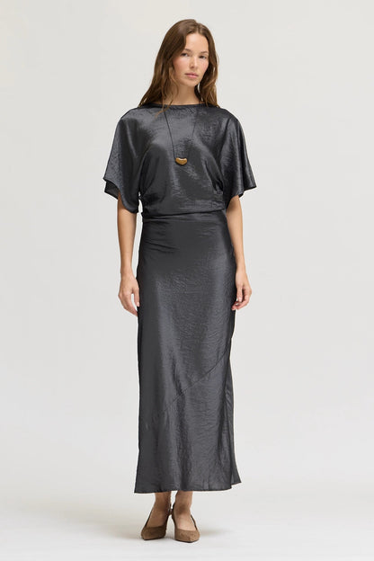 Ruched Waist Bias Dress Granite Wash