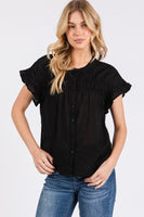 Ruffle Smocked Button Down Black