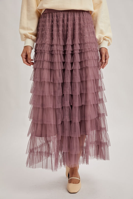 Ruffled Tulle Midi Skirt