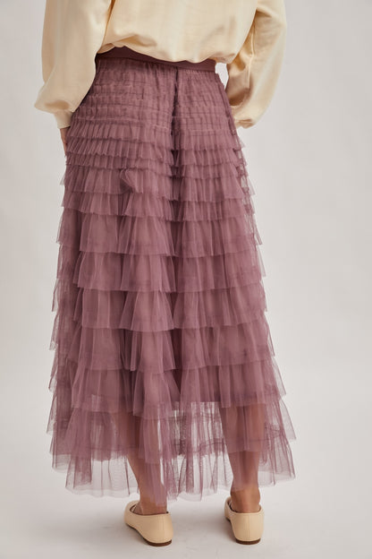 Ruffled Tulle Midi Skirt