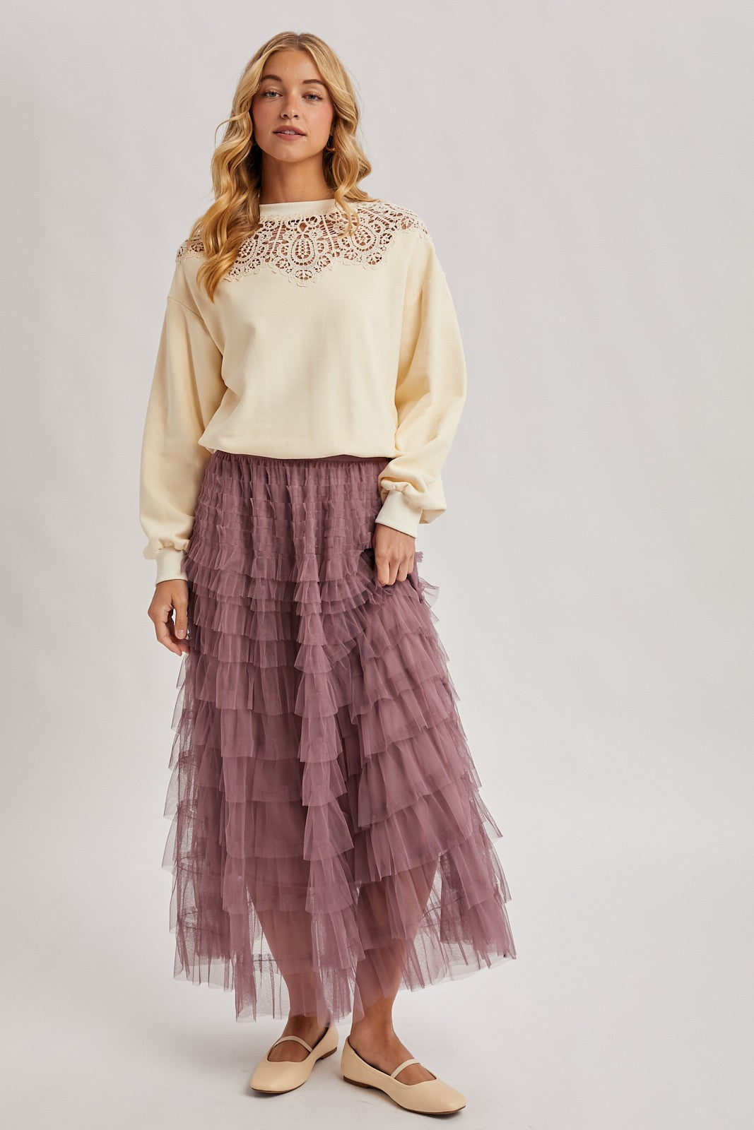 Ruffled Tulle Midi Skirt