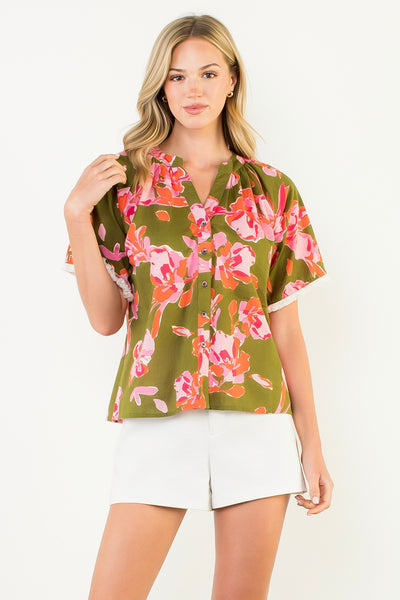 Split Neck Floral Print Top