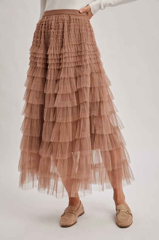 Ruffled Tulle Midi Skirt