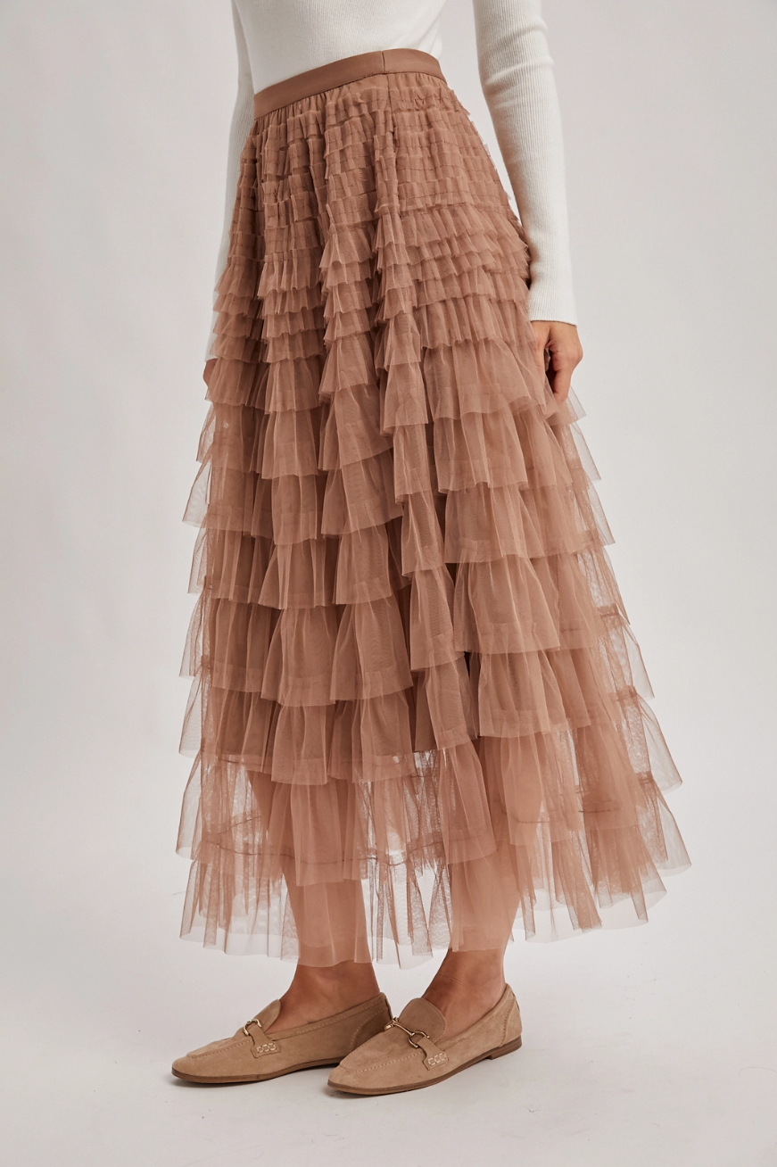 Ruffled Tulle Midi Skirt