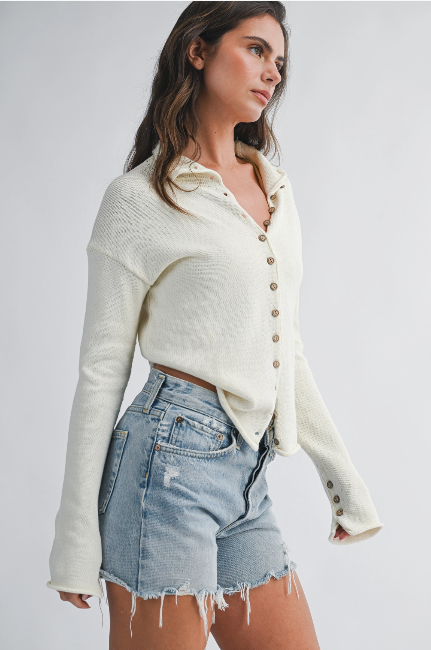 Button Front Cropped Knit Cardigan