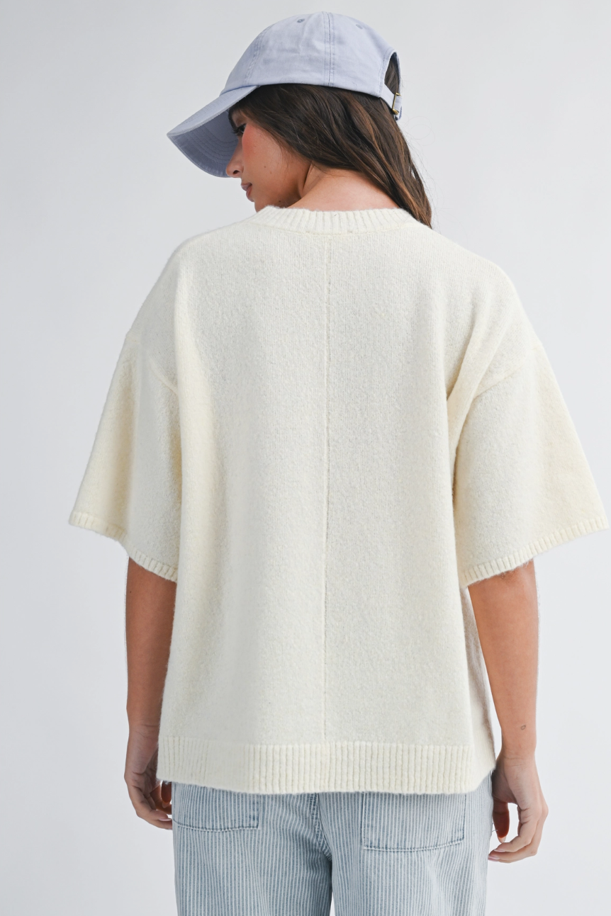 Crewneck Short Sleeve Knit Sweater Cream